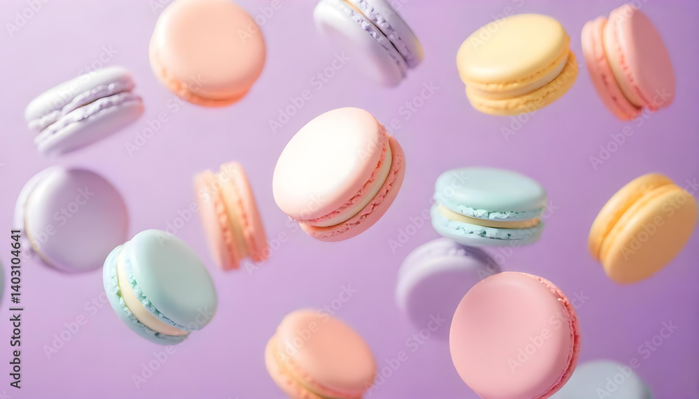 Vibrant macarons in a spectrum of pastel colors gracefully suspended, perfect for various culinary projects. Vibrant macarons in a spectrum of pastel colors gracefully suspended, perfect for various culinary projects.
