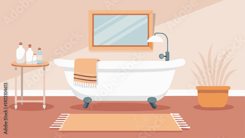 A serene bathroom with a white clawfoot tub a woven basket as a hamper and a fringe bath mat.