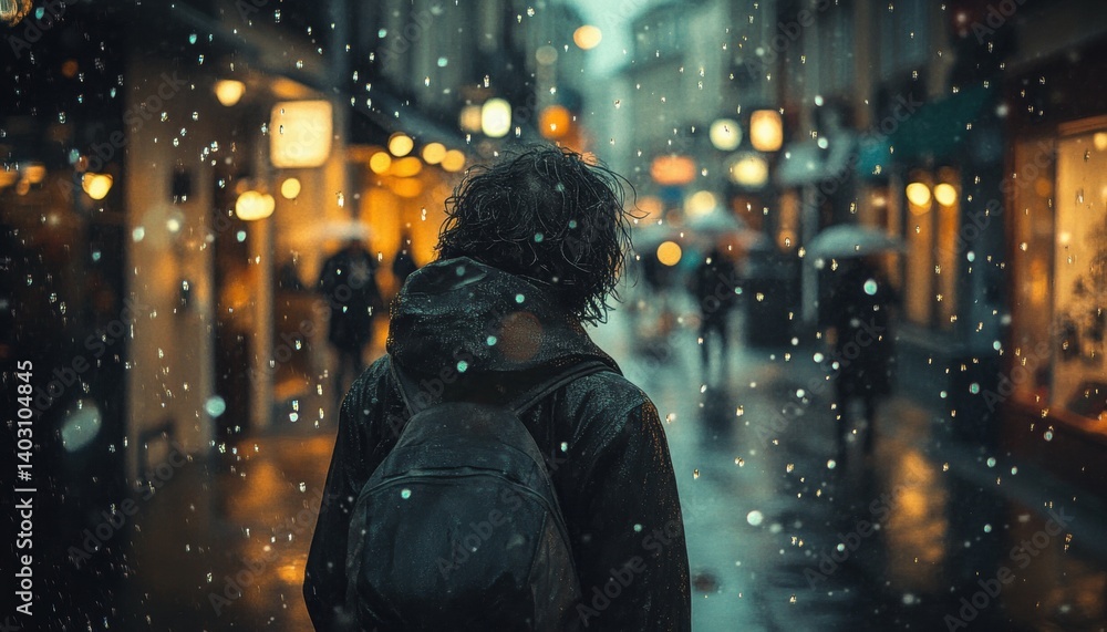 Rainy Parisian street scene with a lone figure. Rainy Parisian street scene with a lone figure.