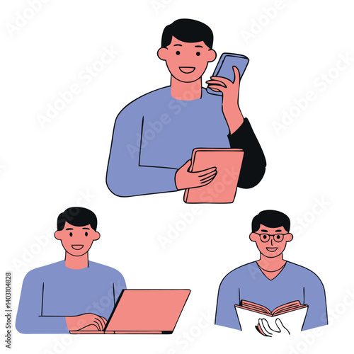 Man Multitasking: A stylish illustration showing a man engaged in various activities, including using a phone, laptop, tablet, and book, symbolizing modern productivity and multitasking.