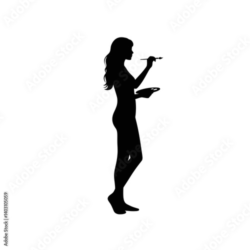 Silhouette of Artistry: A graceful silhouette of a woman artist poised with paintbrush and palette. A timeless embodiment of creativity and inspiration.