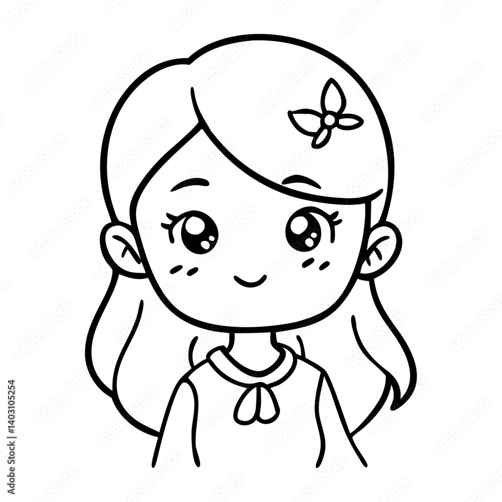 Cute Cartoon Girl Character with Butterfly Hairpin for Coloring Books and Illustrations Cute Cartoon Girl Character with Butterfly Hairpin for Coloring Books and Illustrations