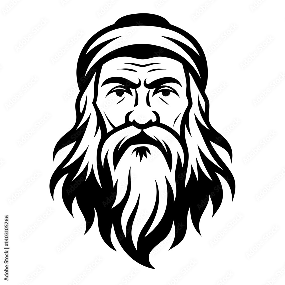 Fototapeta premium Portrait of a Wise Bearded Man with Long Hair and Headscarf Ideal for Tattoo or Illustrative Art