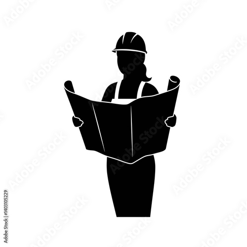 Construction Blueprint: A silhouette of a female construction worker intently studying architectural blueprints.