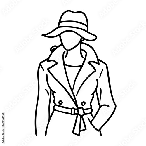 Stylish Woman in Classic Trench Coat and Hat Outline for Fashion Illustration Projects