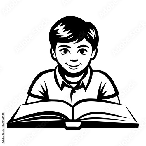 Smiling Boy Reading Open Book Vector  for Educational Material and Children's Design