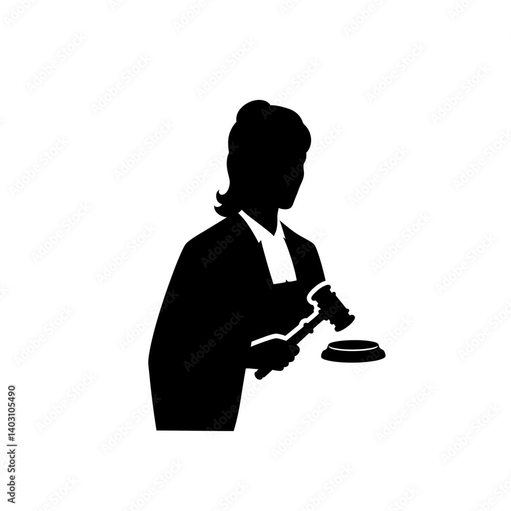 Judge Silhouette: A powerful silhouette of a female judge, striking a gavel against the soundboard, symbolizing justice, law, and authority. The minimalist design conveys strength and fairness. Judge Silhouette: A powerful silhouette of a female judge, striking a gavel against the soundboard, symbolizing justice, law, and authority. The minimalist design conveys strength and fairness.
