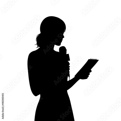Silhouette of Speaker: A woman in silhouette stands on a stage, holding a microphone in one hand and a script in the other. The minimalist design emphasizes the power of her words.  