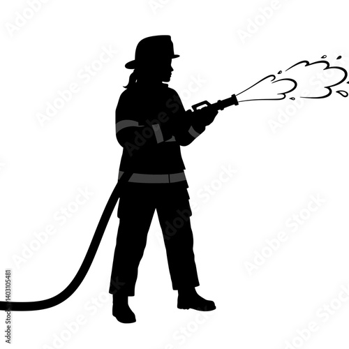 Firefighter Silhouette: A strong female firefighter silhouette powerfully sprays water from a hose, embodying courage, strength, and dedication to service.