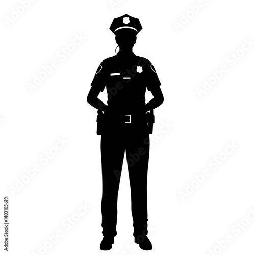Police Officer Silhouette: A strong and powerful silhouette of a female police officer standing tall and proud, symbolizing law enforcement, safety and security.