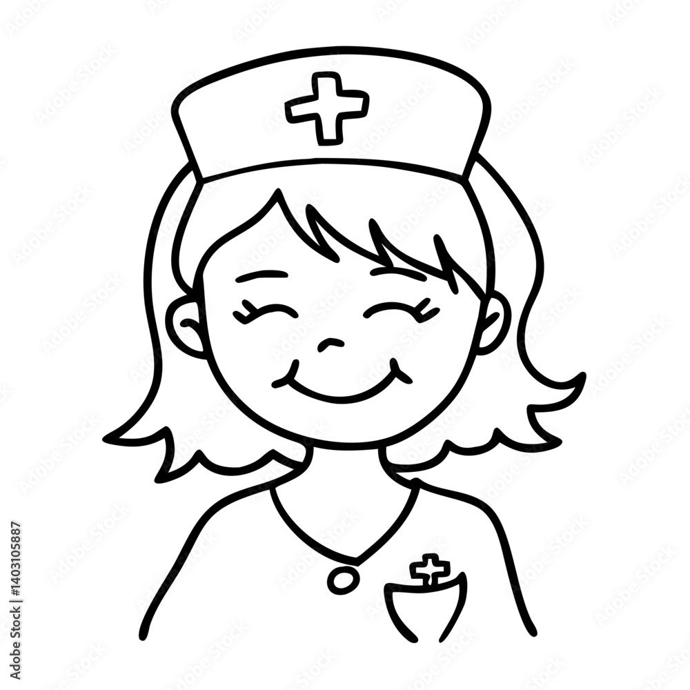 Obraz premium Cheerful Cartoon Nurse Character with Cross Hat Ideal for Coloring Books and Children's Art Projects