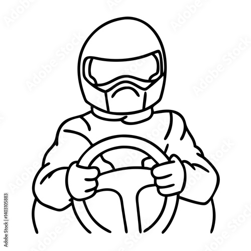 Motorsport Driver in Racing Suit Controlling Steering Wheel Graphic Outline Design