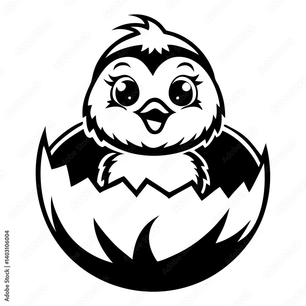 Obraz premium Cute Cartoon Chick Emerging from Egg Cheerful Baby Bird Illustration for Fun Designs