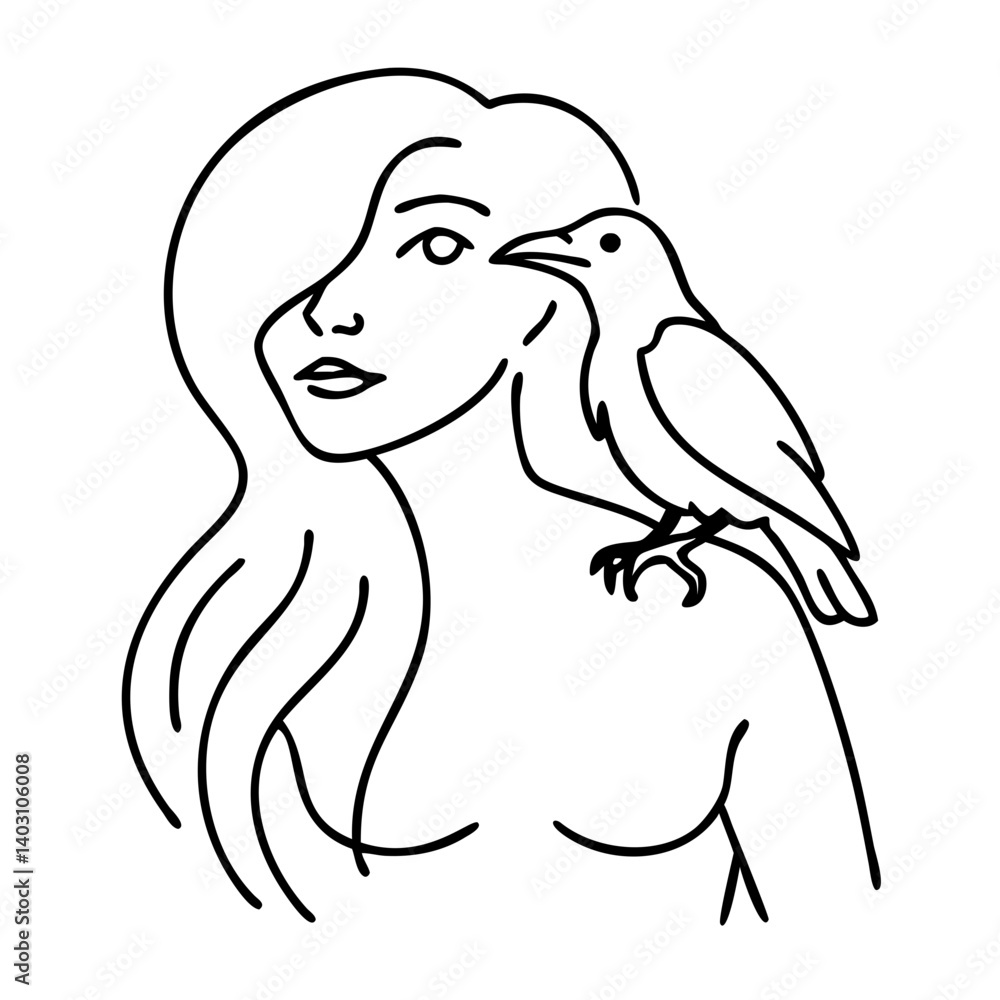 Obraz premium Elegant Woman with Bird on Shoulder Minimalist Line Art for Tattoos and Coloring Books