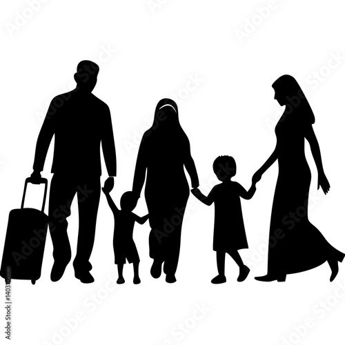 Family Traveling Together Silhouette with Luggage and Children Supportive Relationship