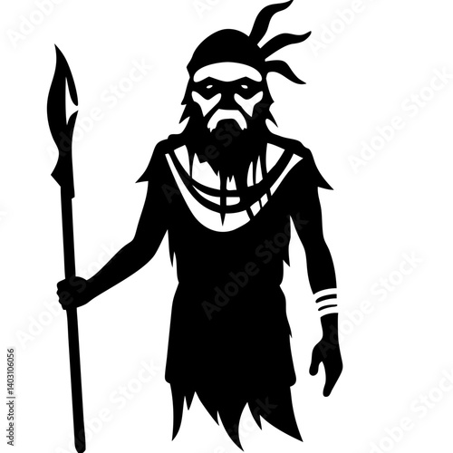 Warrior with Spear Silhouette Masculine Tribal Design for Tattoo or Coloring Page