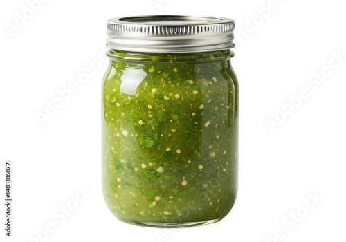 Fresh tomatillo salsa verde in glass jar product photo isolated on white background