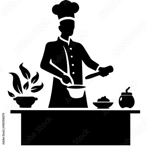 Chef Cooking in Kitchen with Bowl and Ingredients Representing Culinary Arts for Illustration