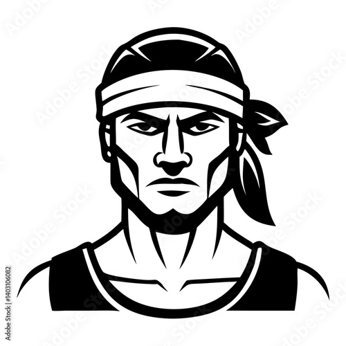 Intense Warrior Male Portrait with Headband for Tattoo and Graphic Design