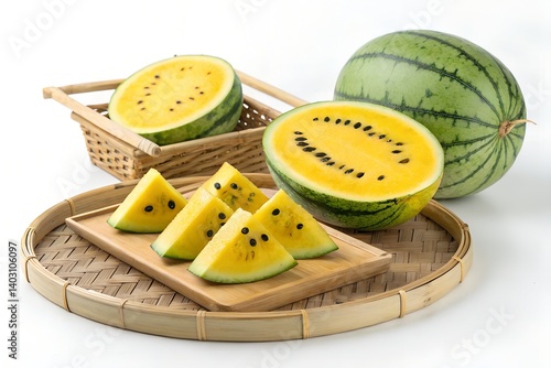 Fresh watermelon with healthy fruits and measuring tape on white background