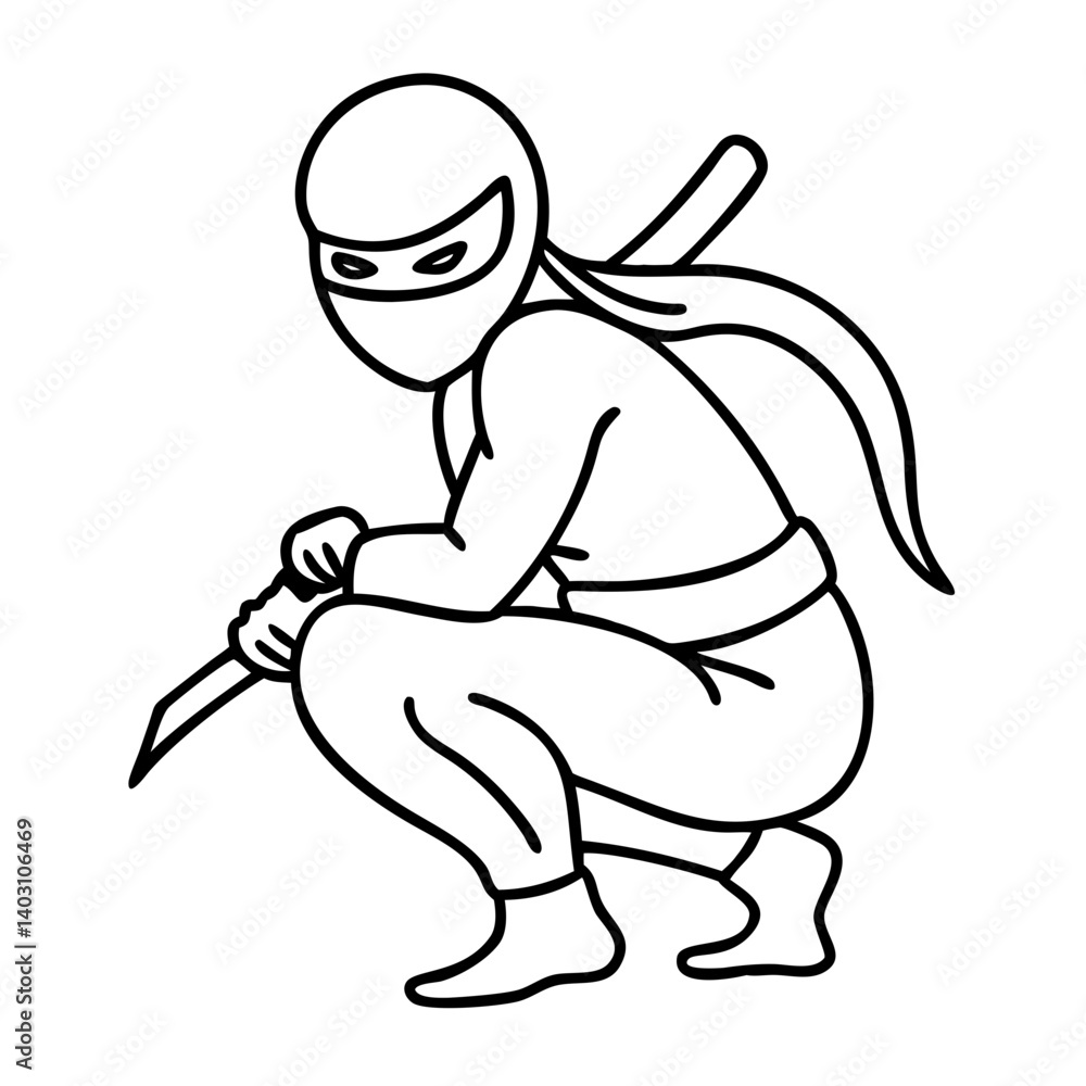 Ninja Warrior Silhouette with Sword in Crouching Pose for Tattoo Design and Coloring Book Ninja Warrior Silhouette with Sword in Crouching Pose for Tattoo Design and Coloring Book