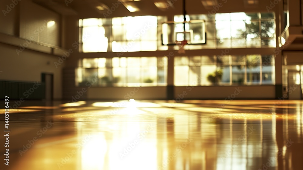 Golden hour sunlight streams through tall windows illuminating a gleaming basketball court, a peaceful scene of quiet potential and hopeful dreams. Golden hour sunlight streams through tall windows illuminating a gleaming basketball court, a peaceful scene of quiet potential and hopeful dreams.