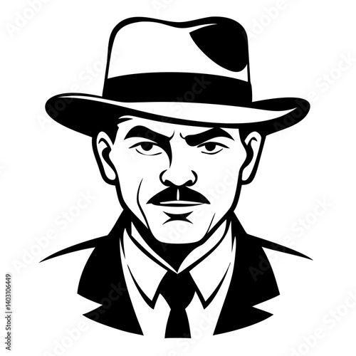 Vintage Detective Portrait in Monochrome with Fedora and Suit Ideal for Print and Tattoo Design