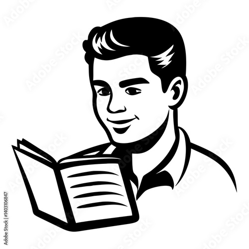 Happy Young Man Reading Book Engaging in Literature Enthusiast Study Design