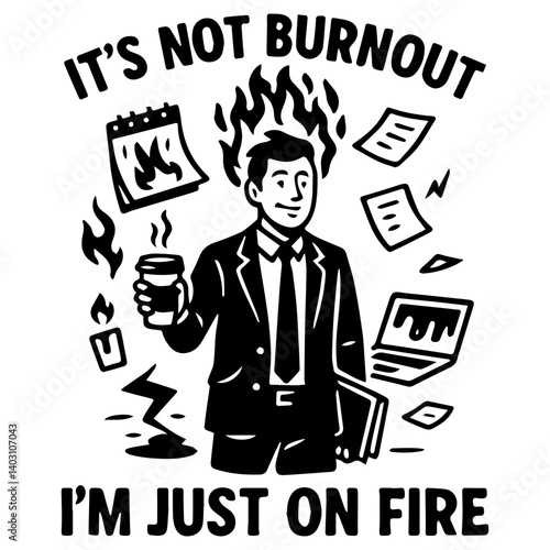 Black and white vector of a smiling businessman on fire, surrounded by chaotic work symbols. A satirical take on burnout culture with bold energy.

