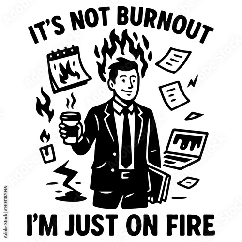 Black and white vector of a smiling businessman on fire, surrounded by chaotic work symbols. A satirical take on burnout culture with bold energy.

