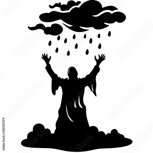 Divine Figure Embracing Rain with Outstretched Arms in a Dramatic Stormy Scene