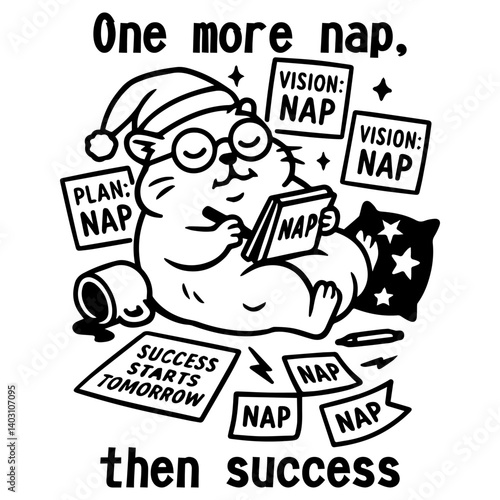 Cute hamster in glasses planning for success with naps. Surrounded by notes: "Plan: Nap", "Success starts tomorrow". Hilarious nap strategy.