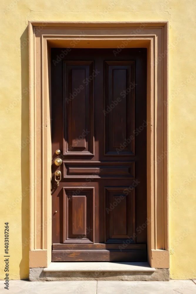 Dark brown painted door against a cream painted wall , smooth, wood Dark brown painted door against a cream painted wall , smooth, wood