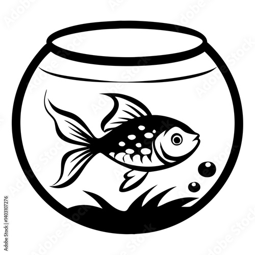 Goldfish in Fish Bowl Detailed Vector Illustration for Coloring Books and Tattoo Designs