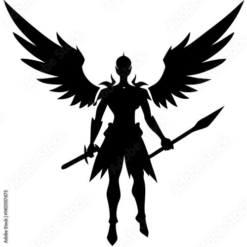 Powerful Winged Warrior Holding Spear in Dynamic Pose Ideal for Fantasy Artwork and Tattoos