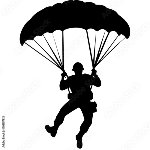 Silhouette of a Paratrooper Descending with Open Parachute Ideal for Military Themes