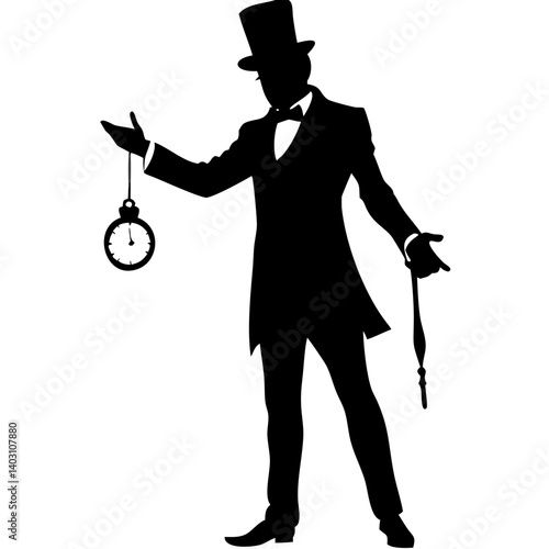 Elegant Magician with Pocket Watch and Top Hat Silhouette for Events and Performances