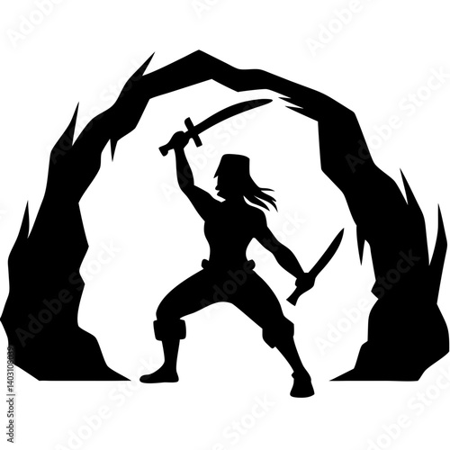 Fearless Warrior Silhouette with Swords in Dynamic Pose for Action and Adventure Themes