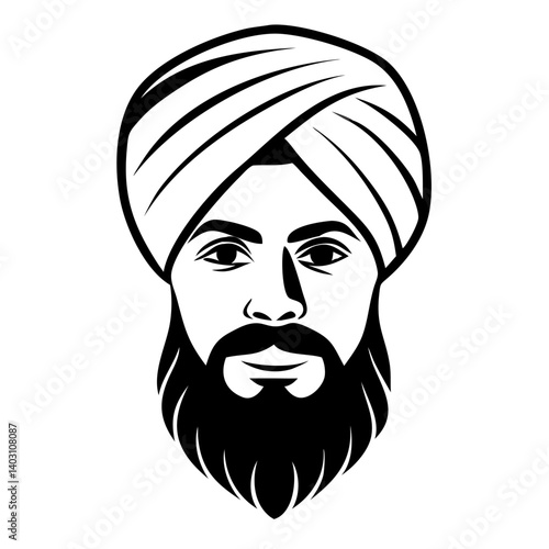 Stylized Sikh Man Portrait with Turban and Beard in Bold Line Art Suitable for Tattoo Design