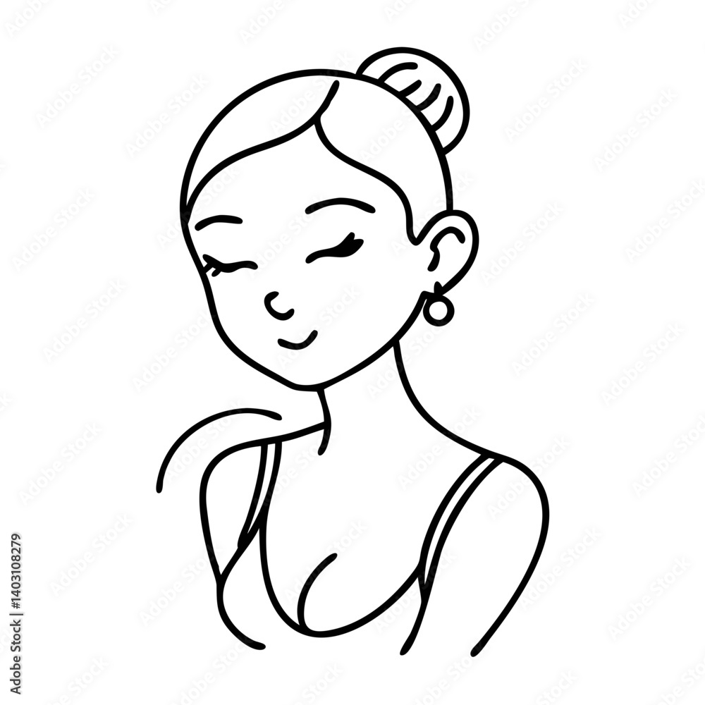 Charming Minimalist Line Drawing of a Smiling Woman with Elegant Bun Hairstyle Charming Minimalist Line Drawing of a Smiling Woman with Elegant Bun Hairstyle