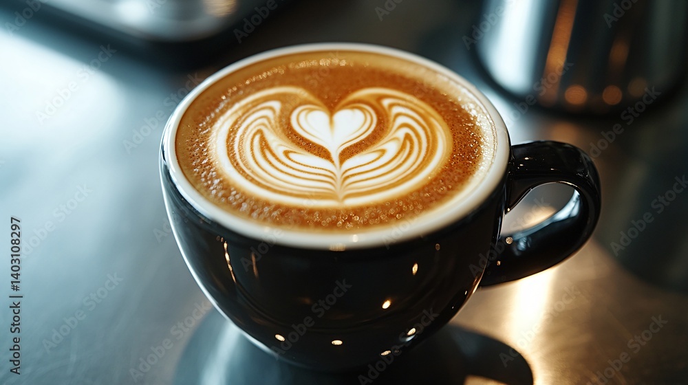 The close up perspective highlights the creamy consistency of the latte. The close up perspective highlights the creamy consistency of the latte.
