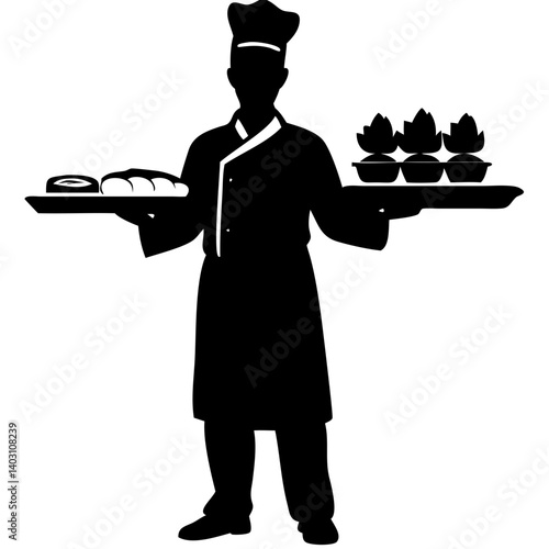 Chef Holding Sushi and Lotus Desserts on Trays Perfect for Restaurant Menus or Cooking Classes