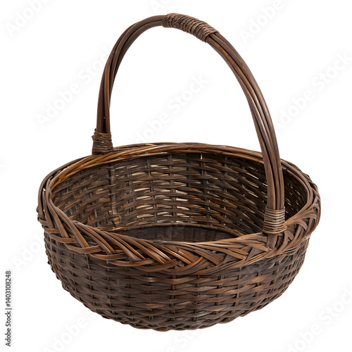 An empty brown wicker basket, a woven craft object with a wooden handle, isolated on white