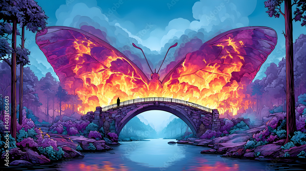 Fototapeta premium Fiery butterfly wings form a bridge over a tranquil river in a mystical forest