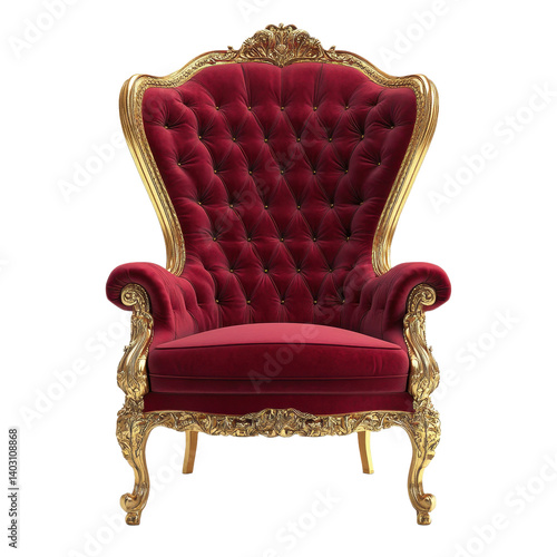 Ornate red velvet throne chair on transparent background 