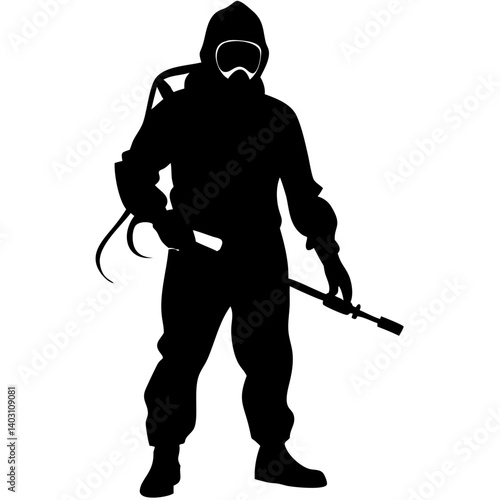 Hazmat Worker in Protective Gear with Spraying Equipment Vector Silhouette Illustration