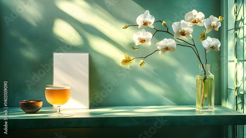 Wallpaper Mural A serene display of white orchids, a beverage, and a blank frame on a teal shelf. Torontodigital.ca