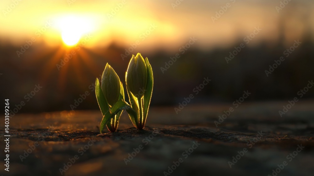 Sunrise, budding tulips, new growth Sunrise, budding tulips, new growth