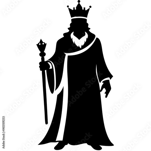 Majestic King Silhouette Holding Scepter in Regal Robes Vector Design for Tattoo or Artwork