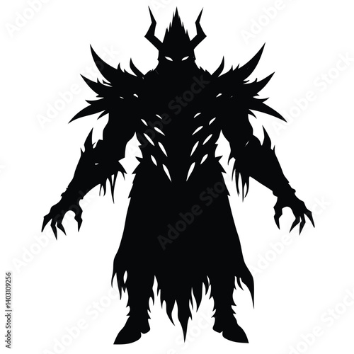 Silhouette of a Dark Fantasy Villain Character: Spiked Armor, Horned Helmet, and Menacing Figure - Vector Illustration